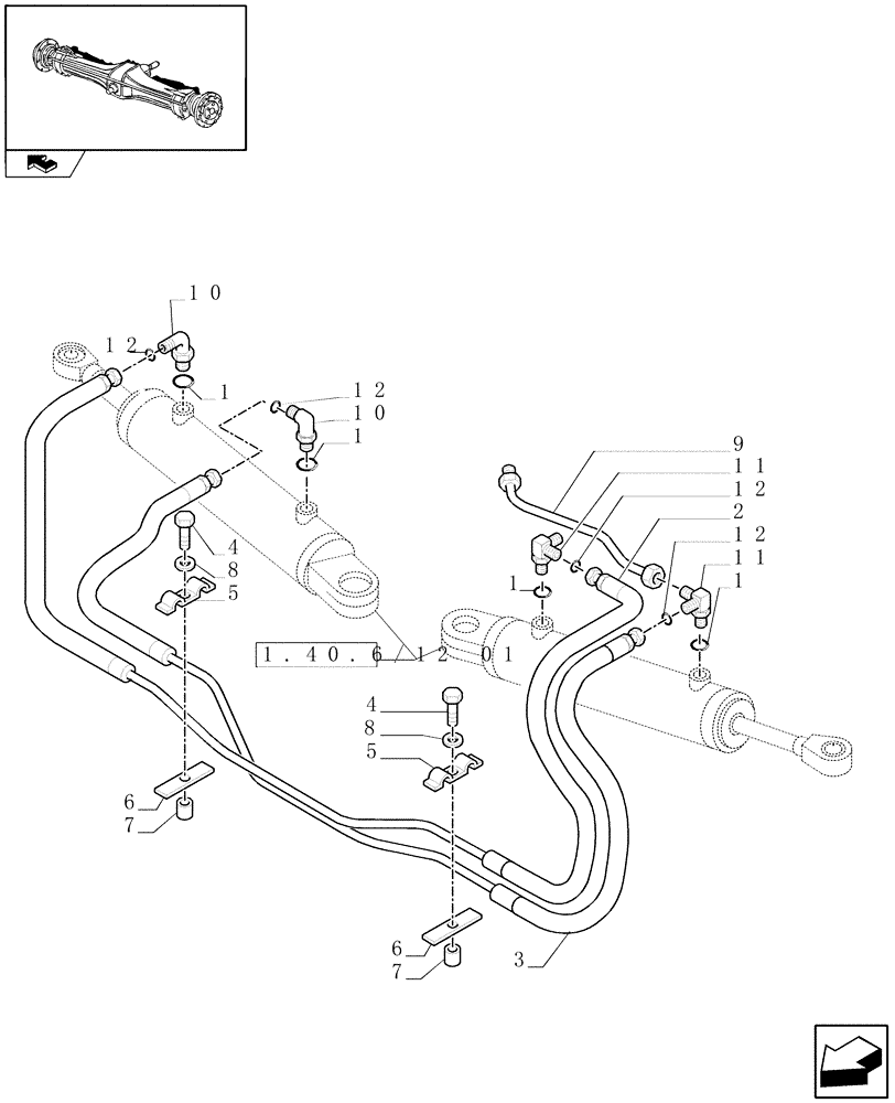 Схема запчастей Case IH PUMA 125 - (1.40.6/12[02]) - (CL.4) SUSPENDED FRONT AXLE W/MULTI-PLATE DIFF. LOCK AND ST. SENSOR - CYLINDERS PIPES (VAR.330429) (04) - FRONT AXLE & STEERING