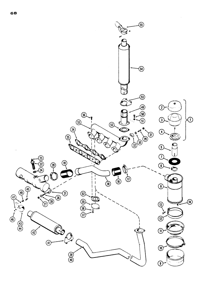 Схема запчастей Case IH 430 - (068) - AIR CLEANER, MANIFOLD, MUFFLER, 430, 188, DIESEL ENGINE (02) - ENGINE