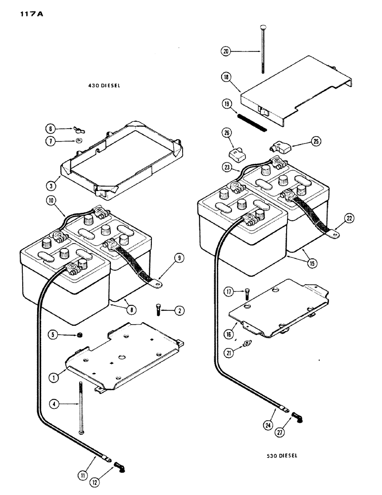 Схема запчастей Case IH 430 - (117A) - BATTERY AND ATTACHING PARTS, 188, DIESEL ENGINE, 430 DIESEL (04) - ELECTRICAL SYSTEMS