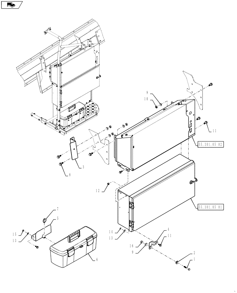 Схема запчастей Case IH 7230 - (55.301.05) - BOX, BATTERY ASSY, STORAGE (55) - ELECTRICAL SYSTEMS