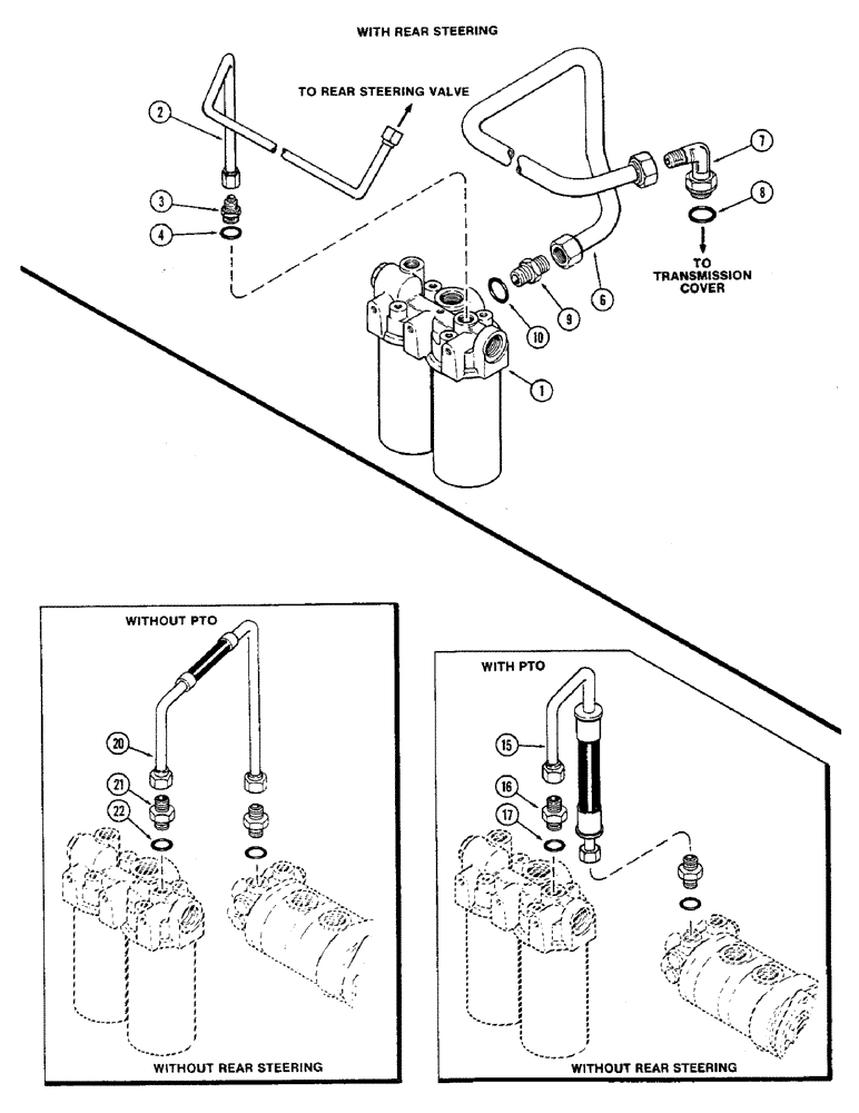 Схема запчастей Case IH 2470 - (314) - HYDRAULIC FILTER CIRCUITRY, WITH REAR STEERING, TRANSMISSION SERIAL NO. 1025257 AND AFTER (08) - HYDRAULICS