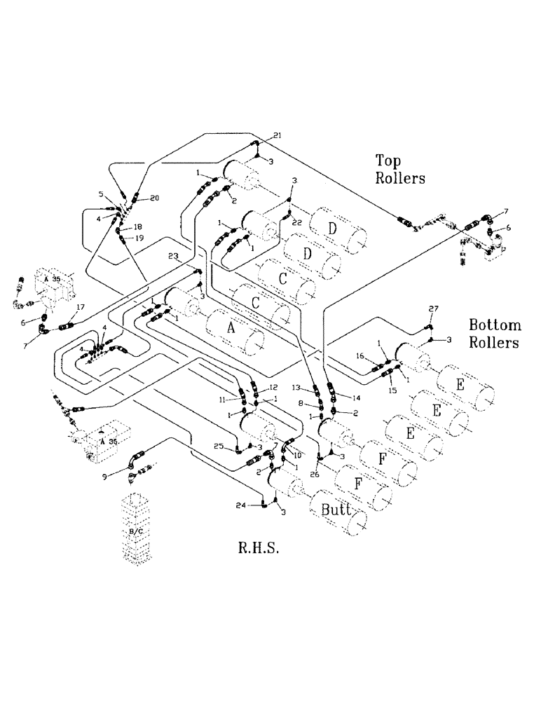 Схема запчастей Case IH 7000 - (B05-62) - HYDRAULIC CIRCUIT, ROLLERS, RIGHT HAND 15 INCH CHOP, FLORIDA OPTION Hydraulic Components & Circuits