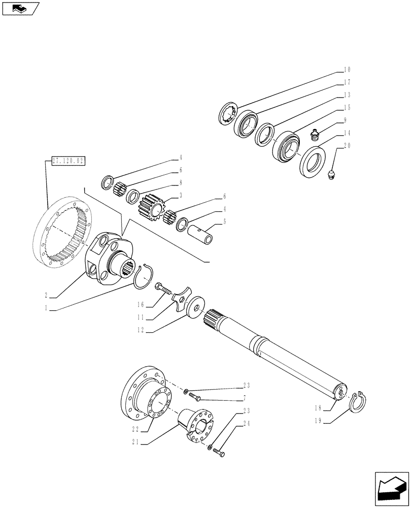 Схема запчастей Case IH PUMA 230 - (27.120.0302) - BAR AXLE 98" AND 112" - GEARS AND SHAFT (VAR.728437-720437 / 743603; VAR.720431-728431 / 743604) (27) - REAR AXLE SYSTEM