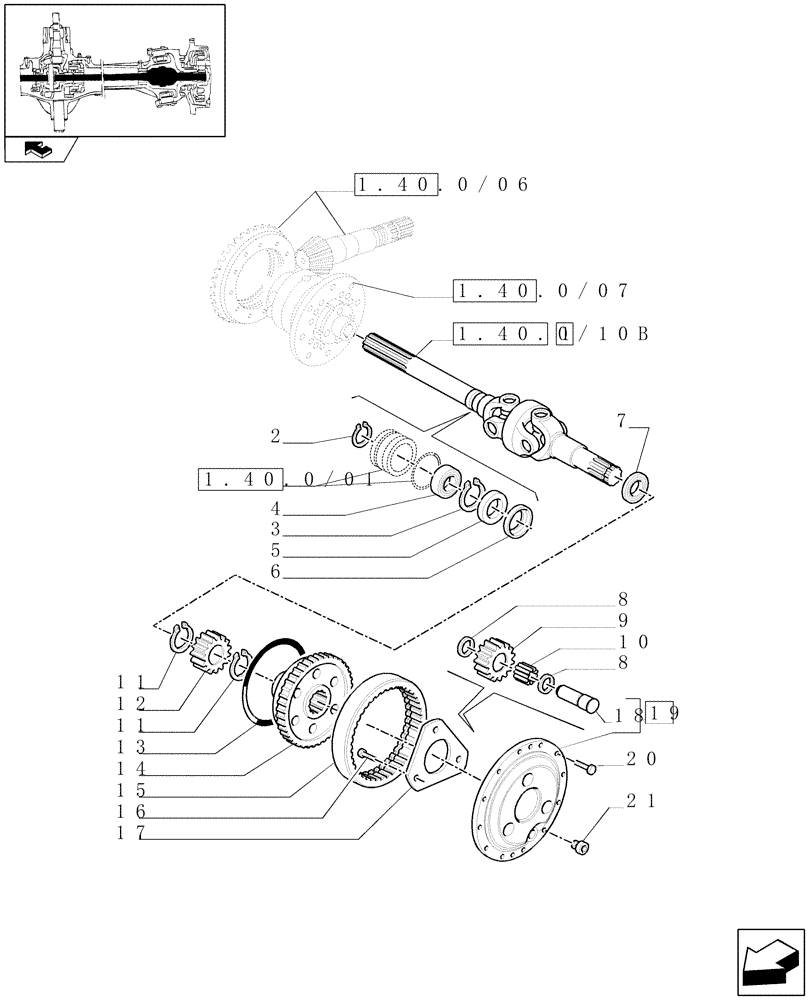 Схема запчастей Case IH PUMA 115 - (1.40. 0/10[01A]) - (CL.3) FRONT AXLE WITH DOG CLUTCH LESS STEERING SENS. - DIFFERENTIAL GEARS AND SHAFT - D6449 (04) - FRONT AXLE & STEERING