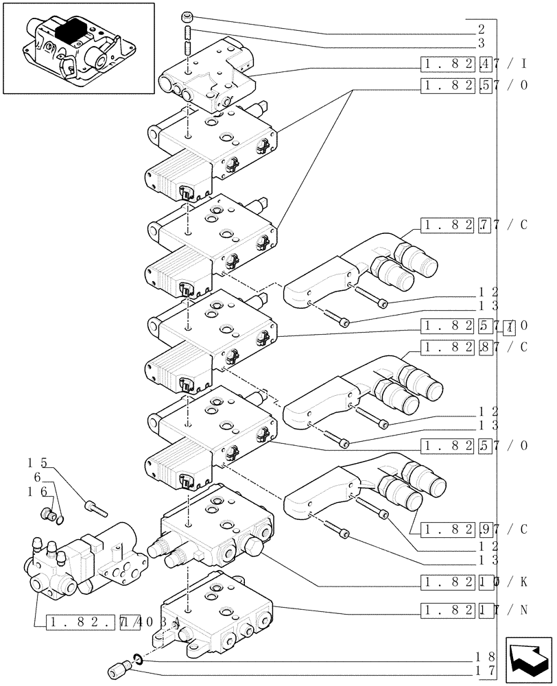 Схема запчастей Case IH MXU110 - (1.82.7/28[05]) - (VAR.376) 4 CCLS (EDC) ELECTRONIC CONTROL VALVES WITH TRAILER BRAKE VALVE AND ASSOCIATED PARTS - D5504 (07) - HYDRAULIC SYSTEM