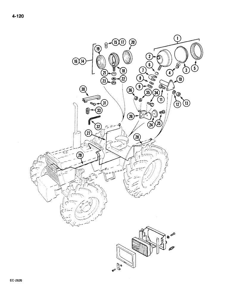 Схема запчастей Case IH 585 - (4-120) - LIGHTING AND CONNECTIONS, WITHOUT CAB, WITH CROWN TOP FENDERS (04) - ELECTRICAL SYSTEMS