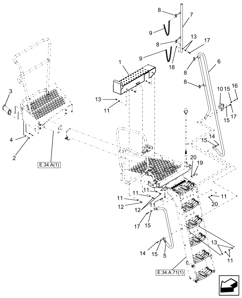 Схема запчастей Case IH AFX8010 - (E.34.A.72[1]) - RAILING, CAB PLATFORM, 3.3, N.A., PRIOR TO PIN HAJ105201 E - Body and Structure
