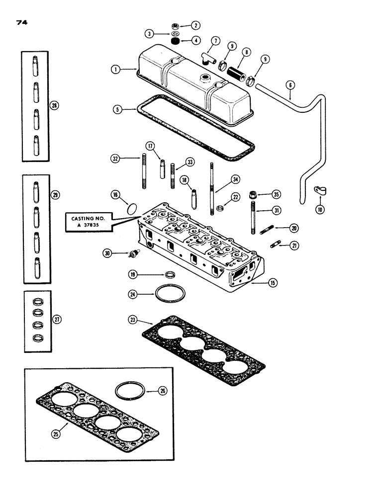 Схема запчастей Case IH 530 - (074) - CYLINDER HEAD ASSEMBLY, 430-530, 188, DIESEL ENGINE, FIRST USED ENGINE SERIAL NUMBER 2627377 (02) - ENGINE