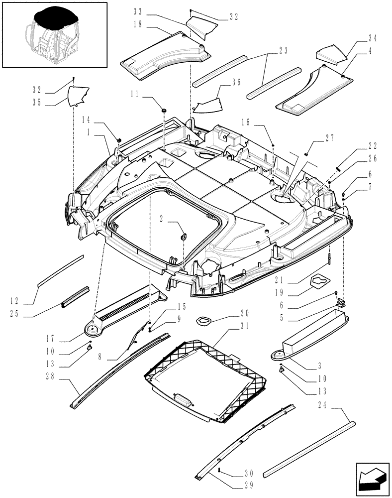 Схема запчастей Case IH PUMA 195 - (1.94.0/03[02]) - (VAR.079-097-369) NAR ROOF WITH HIGH PROFILE WITH HIGH VISIBILITY PANEL - FRAME (10) - OPERATORS PLATFORM/CAB