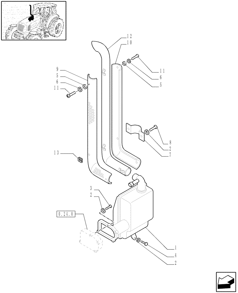 Схема запчастей Case IH JX1100U - (1.15.1/01[05]) - (VAR. 199) MUFFLER - W/CAB - GUARDS (02) - ENGINE EQUIPMENT