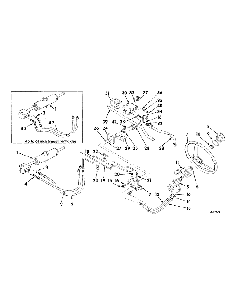 Схема запчастей Case IH 424 - (107) - STEERING MECHANISM, HYDROSTATIC PWR. STEERING,TRAC. W/ 45 - 61" & 49 - 69" NARROW TREAD FRONT AXLES Steering Mechanism