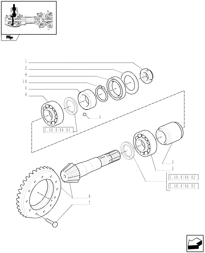 Схема запчастей Case IH FARMALL 60 - (1.40.0/06[01]) - 4WD FRONT AXLE - BEVEL GEAR/PINION SET (04) - FRONT AXLE & STEERING