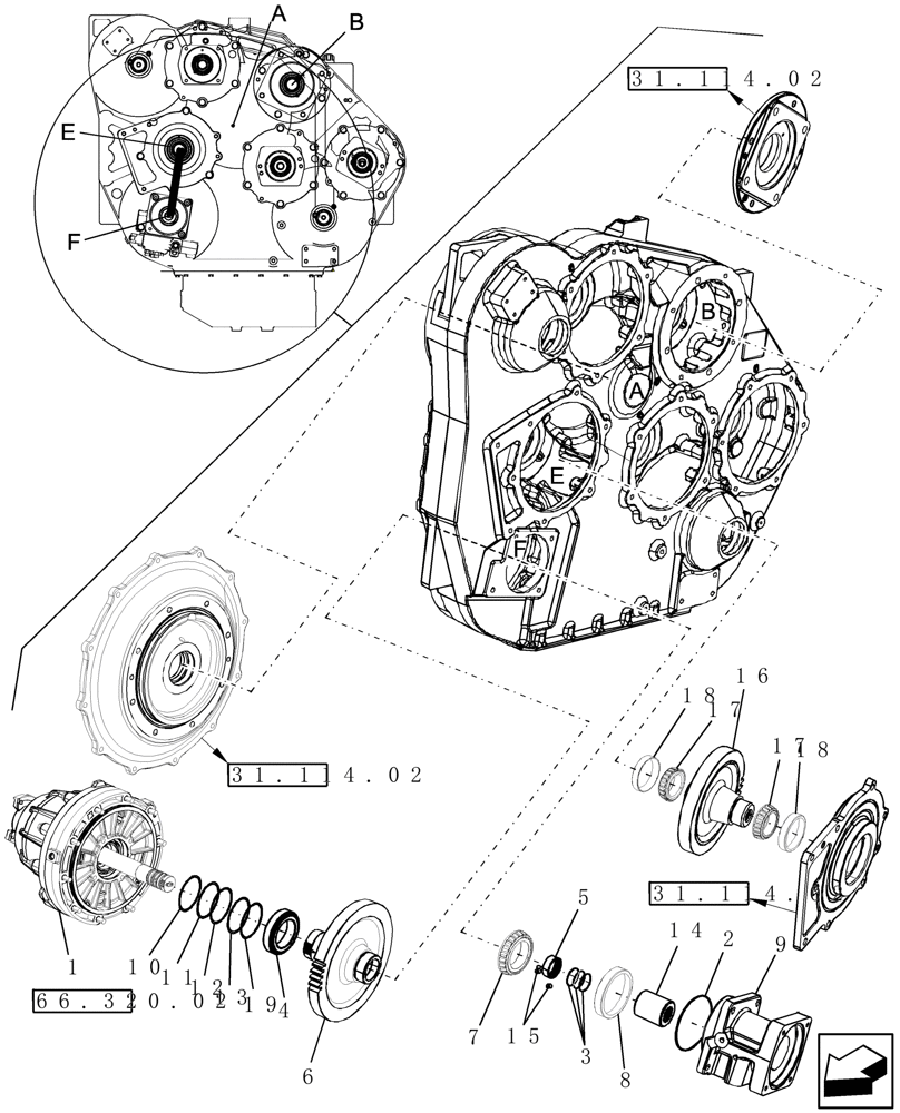 Схема запчастей Case IH 8010 - (14.100.11[02]) - PTO, ROTOR VARIATOR ASSY, ENGINE GEARBOX - 9010 (14) - MAIN GEARBOX & DRIVE