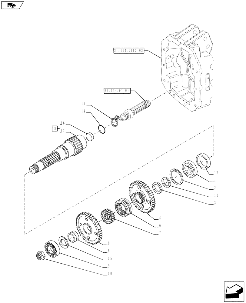 Схема запчастей Case IH PUMA 170 - (31.114.0102[01]) - POWER TAKE-OFF 1000E/1000 RPM - SHAFT AND GEARS (VAR.743336) (31) - IMPLEMENT POWER TAKE OFF