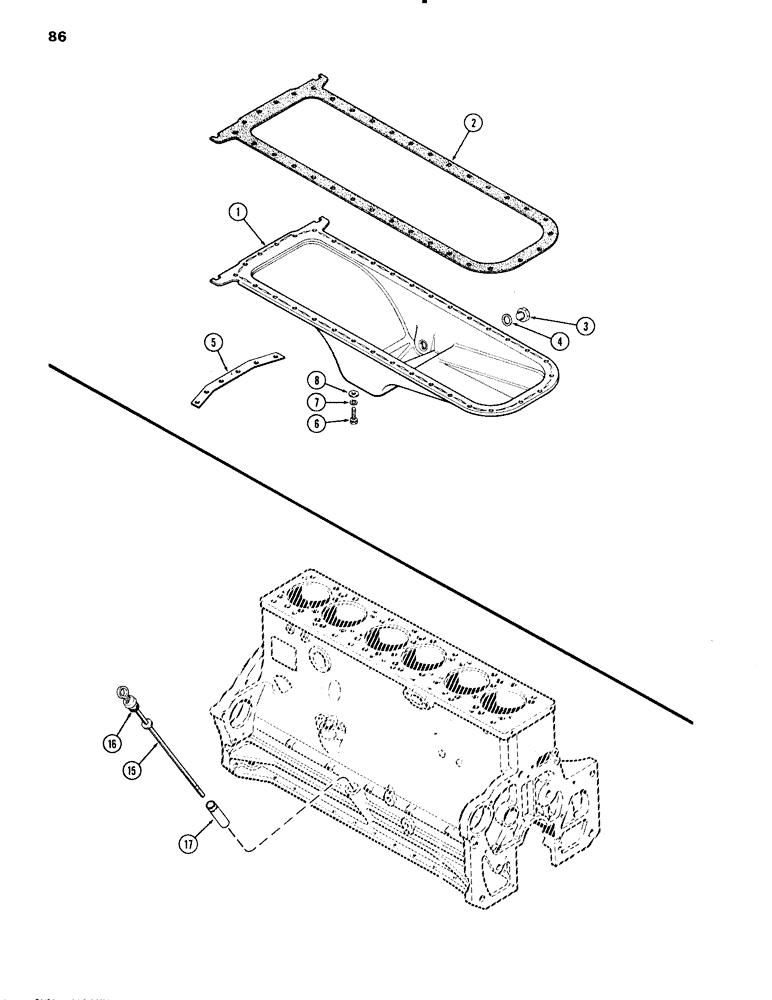 Схема запчастей Case IH 451BDT - (086) - OIL PAN & DIPSTICK, ENG. L/FUEL DEVICE, 504BDT & 451BDT TURBOCHARGED ENG. W/O OIL COOLED PISTONS, B (02) - ENGINE