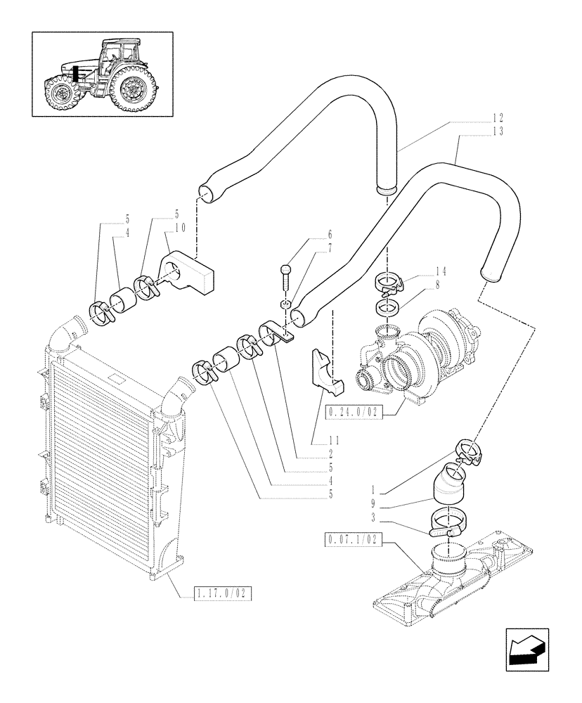 Схема запчастей Case IH MAXXUM 140 - (1.19.6/01) - INTERCOOLER AND CONDENSER - PIPES (02) - ENGINE EQUIPMENT