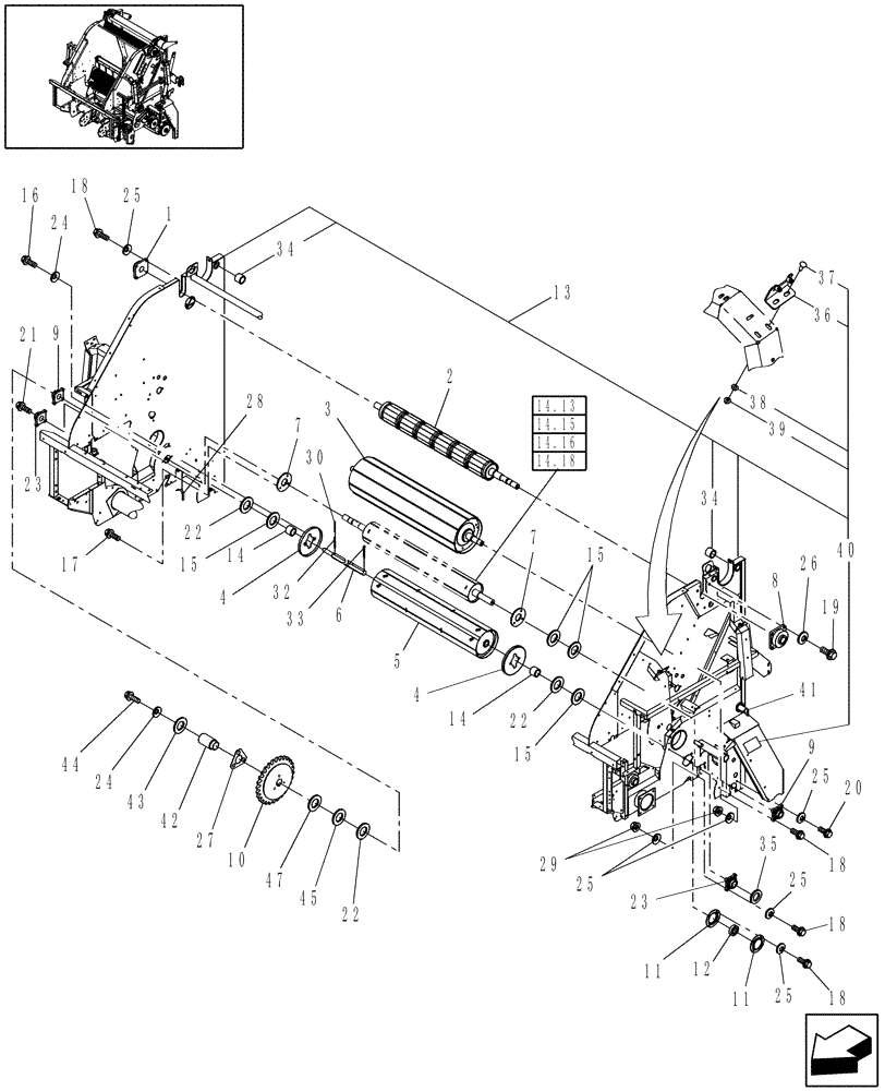 Схема запчастей Case IH RBX463 - (14.11[1]) - MAIN FRAME & ROLLS, ROTOR (14) - BALE CHAMBER