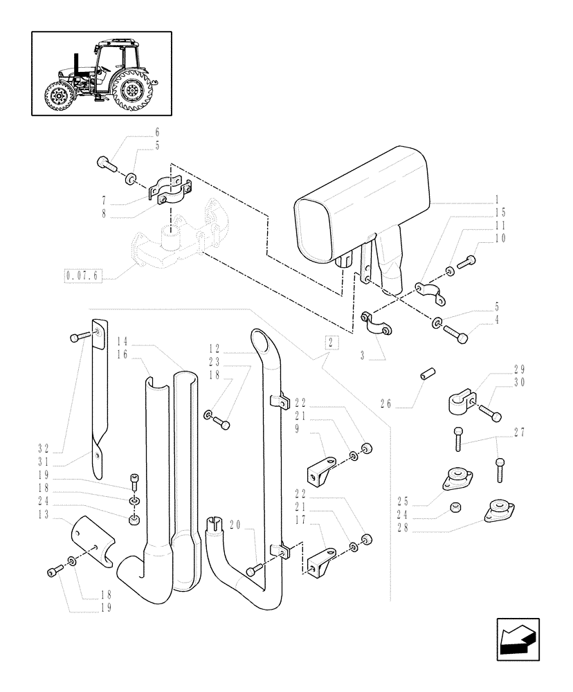 Схема запчастей Case IH JX1060C - (1.15.1/05[01]) - (VAR.503) "A" PILLAR TYPE VERTICAL W/EXHAUST GUARD SHIELD FOR CAB W/OPENING WINDSCREEN - SILENCER (02) - ENGINE EQUIPMENT