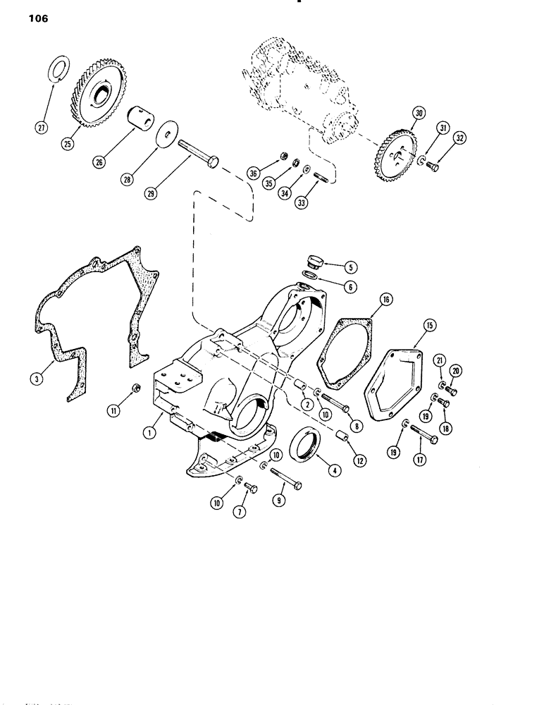 Схема запчастей Case IH 451BDT - (106) - TIMING GEAR COVER & FUEL INJ. PUMP DR, ENG. L/FUEL DEVICE, 504BDT & 451BDT W/O OIL COOLED PISTONS, B (02) - ENGINE