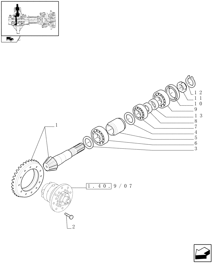 Схема запчастей Case IH FARMALL 70 - (1.40.9/06) - STANDARD FRONT AXLE W/LIMITED SLIP DIFF,40KM/H - BEVEL GEAR/PINION SET (VAR.335541-743559-743552) (04) - FRONT AXLE & STEERING