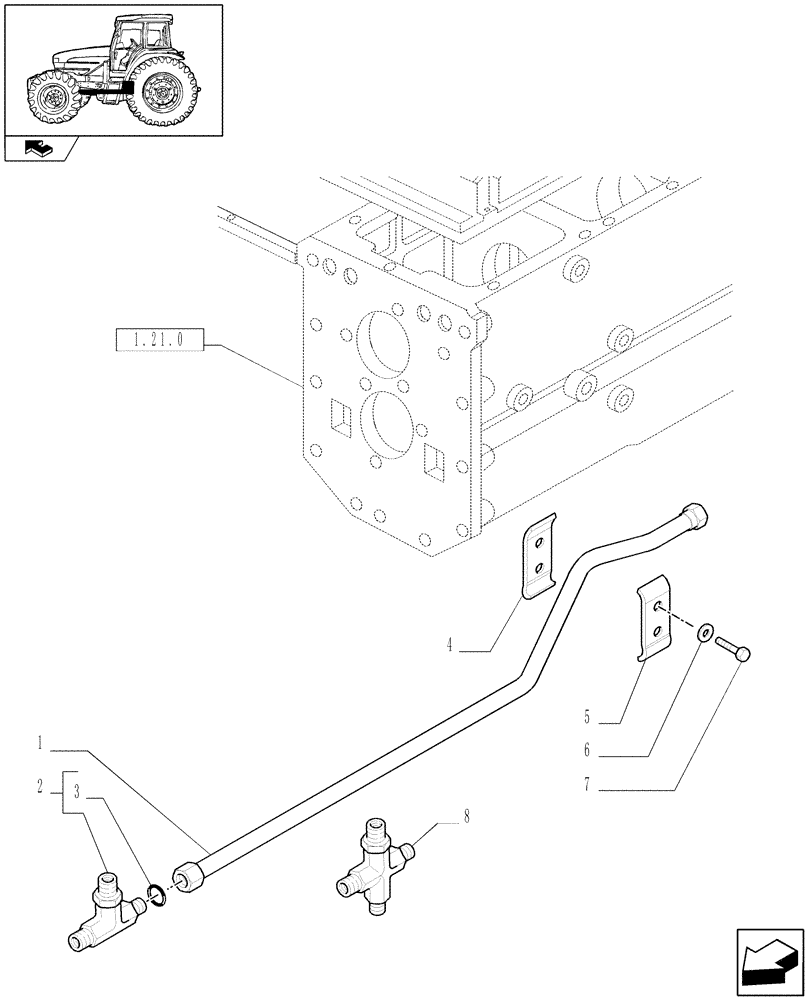 Схема запчастей Case IH FARMALL 95U - (1.33.2/02) - IDLER CONTROLS FOR POWER SHUTTLE TRANSMISSION - PIPES (04) - FRONT AXLE & STEERING