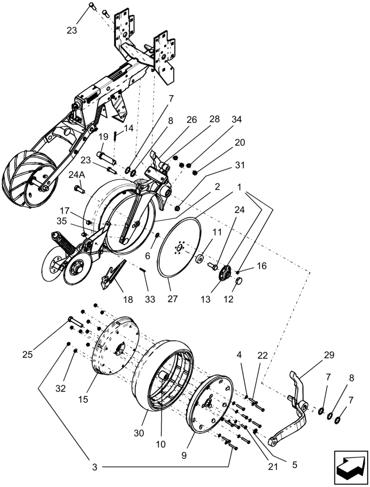 Схема запчастей Case IH 1260 - (75.200.35[01]) - ROW UNIT - DISC OPENER & GAUGE WHEEL, WITH RH LEADING DISC OPENER (LH SIDE OF PLANTER) (75) - SOIL PREPARATION