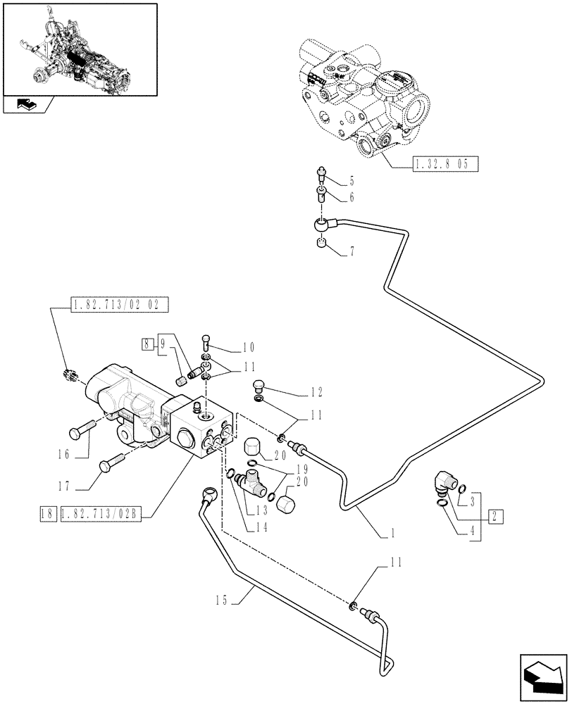 Схема запчастей Case IH PUMA 195 - (1.82.713/02[01]) - (VAR.418) HYDRAULIC TRAILER BRAKE (ITALY) - BRAKING SYSTEM (07) - HYDRAULIC SYSTEM