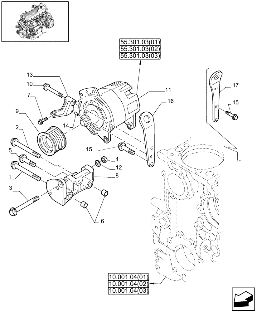 Схема запчастей Case IH 7120 - (55.301.02[01]) - ALTERNATOR MOUNTING - 7120/7120(LA) (55) - ELECTRICAL SYSTEMS