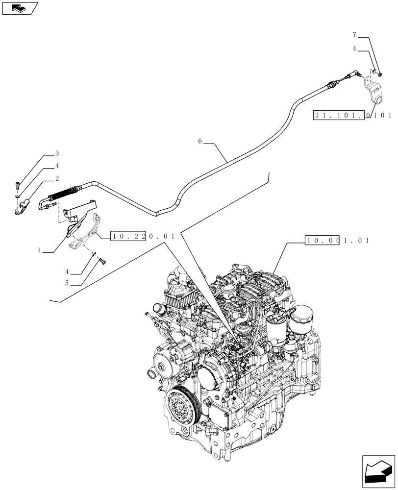 Схема запчастей Case IH FARMALL 75C - (10.220.0102) - PTO, SPEED LIMITER, FLEXIBLE CABLE (VAR.332837-332838 / 743567) (10) - ENGINE