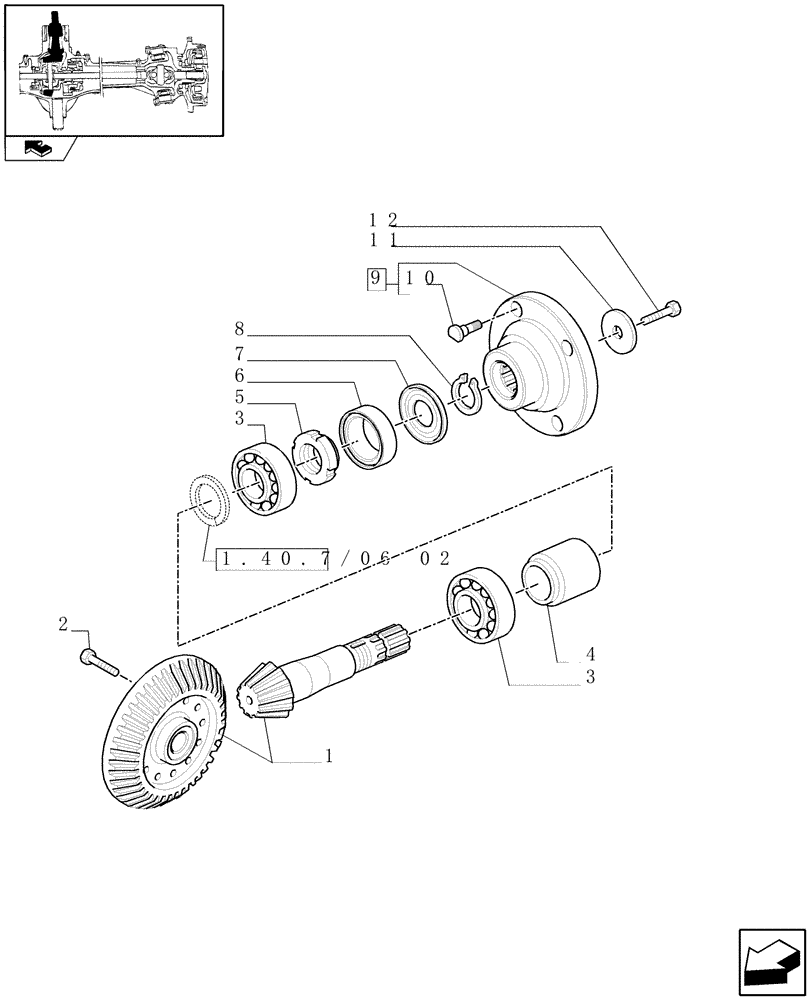 Схема запчастей Case IH PUMA 140 - (1.40.7/06[01]) - (CL.4) SUSPENDED FRONT AXLE W/MULTI-PLATE DIFF. LOCK, ST. SENSOR AND BRAKES - BEVEL GEAR PAIR - C6758 (VAR.330430) (04) - FRONT AXLE & STEERING