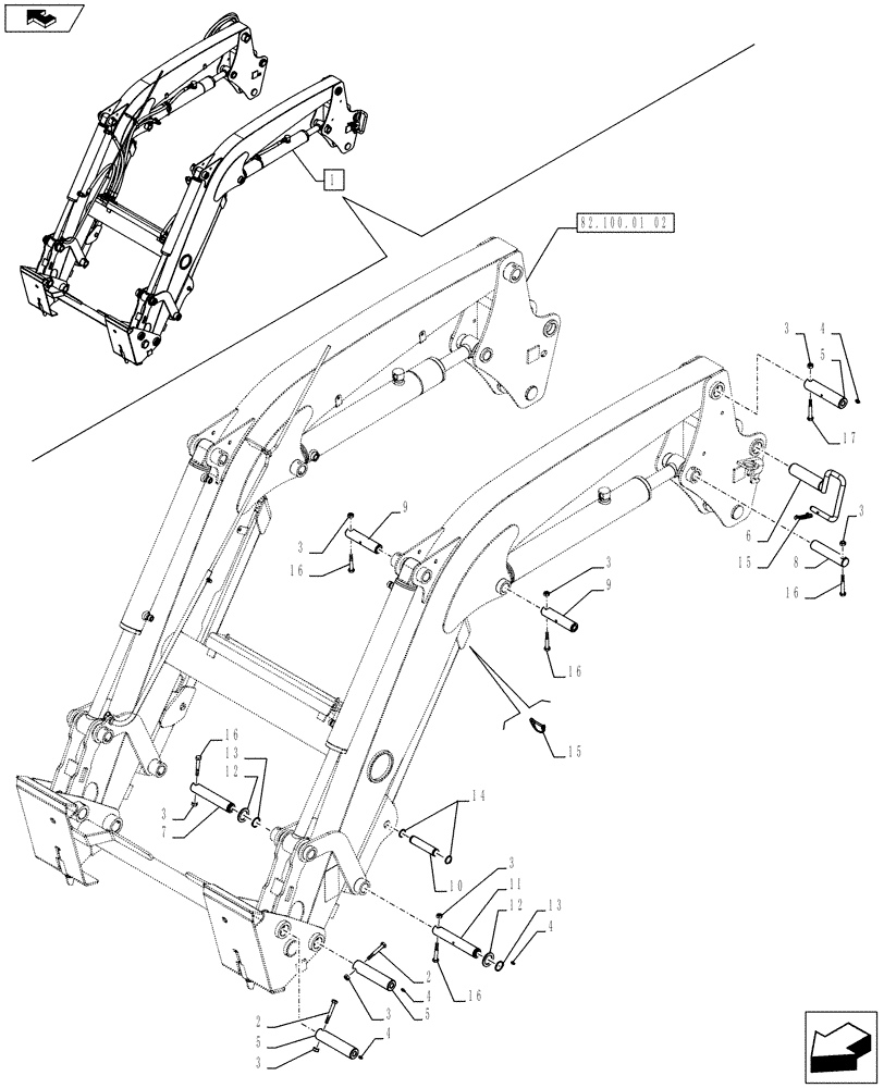 Схема запчастей Case IH L630 - (82.100.01[04]) - FRONT LOADER - BREAKDOWN - PINS ARM AND LEVER - NAR (VAR.333489-335489) (82) - FRONT LOADER & BUCKET