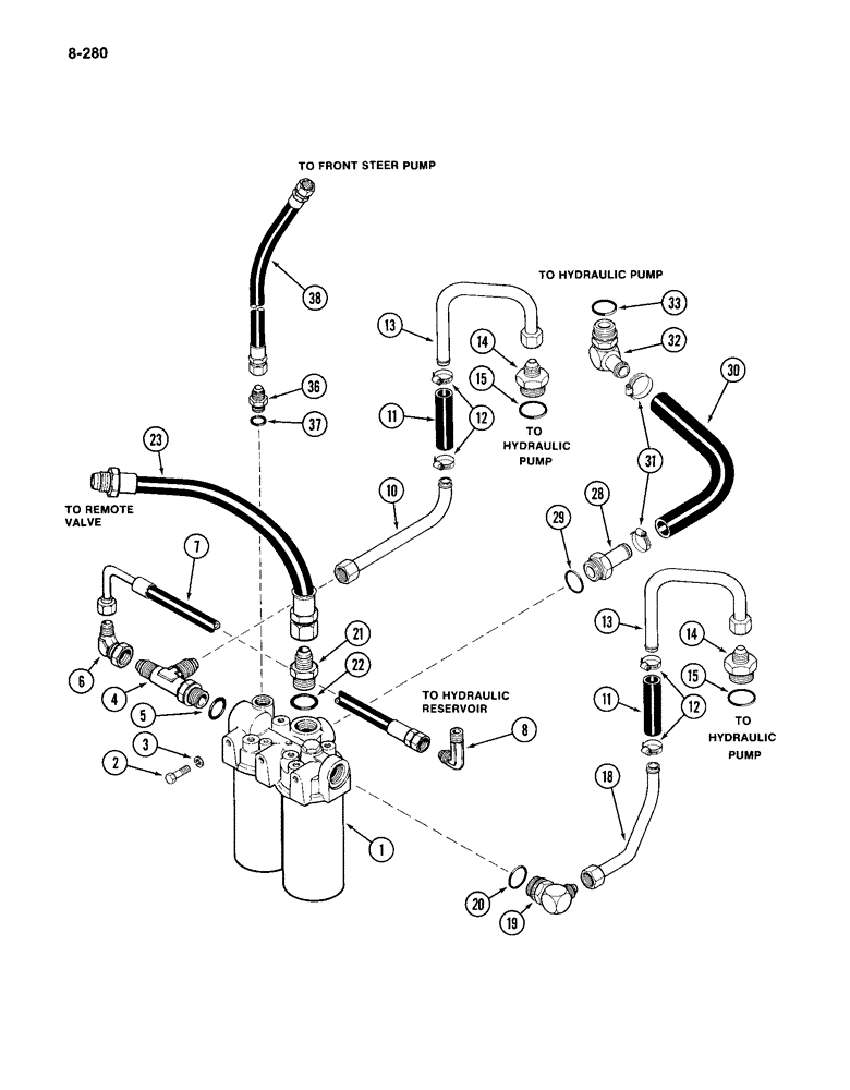 Схема запчастей Case IH 4994 - (8-280) - TRACTOR HYDRAULIC CIRCUIT, HYDRAULIC FILTER AND LINES, P.I.N. 8865846 AND AFTER (08) - HYDRAULICS