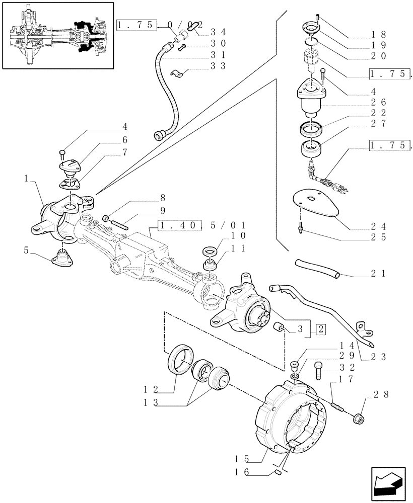 Схема запчастей Case IH MAXXUM 100 - (1.40. 5/02[01A]) - (CL.3) SUSPENDED FRONT AXLE W/MULTI-PLATE DIFF. LOCK AND BRAKES - STEERING AXLES AND HUBS - D6449 (VAR.330427) (04) - FRONT AXLE & STEERING