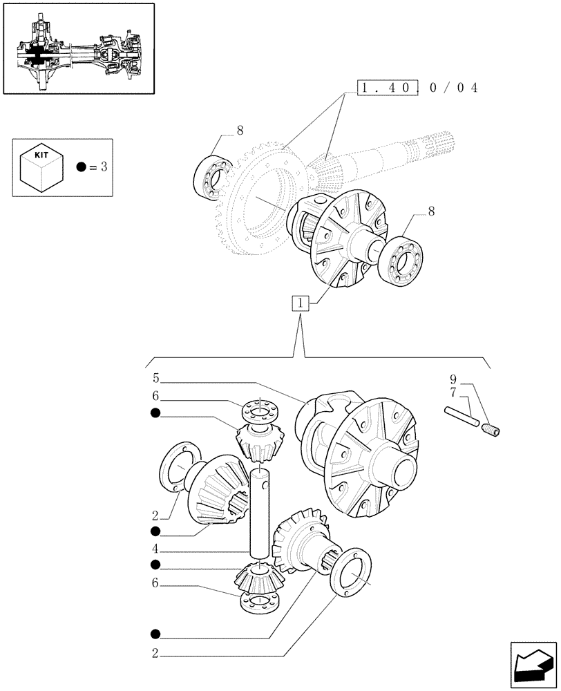 Схема запчастей Case IH JX1080U - (1.40. 7/02[01]) - (VAR.327-327/1) FRONT DIFFERENTIAL HYDRAULIC LOCKING - BOX AND SIDE PINIONS (04) - FRONT AXLE & STEERING