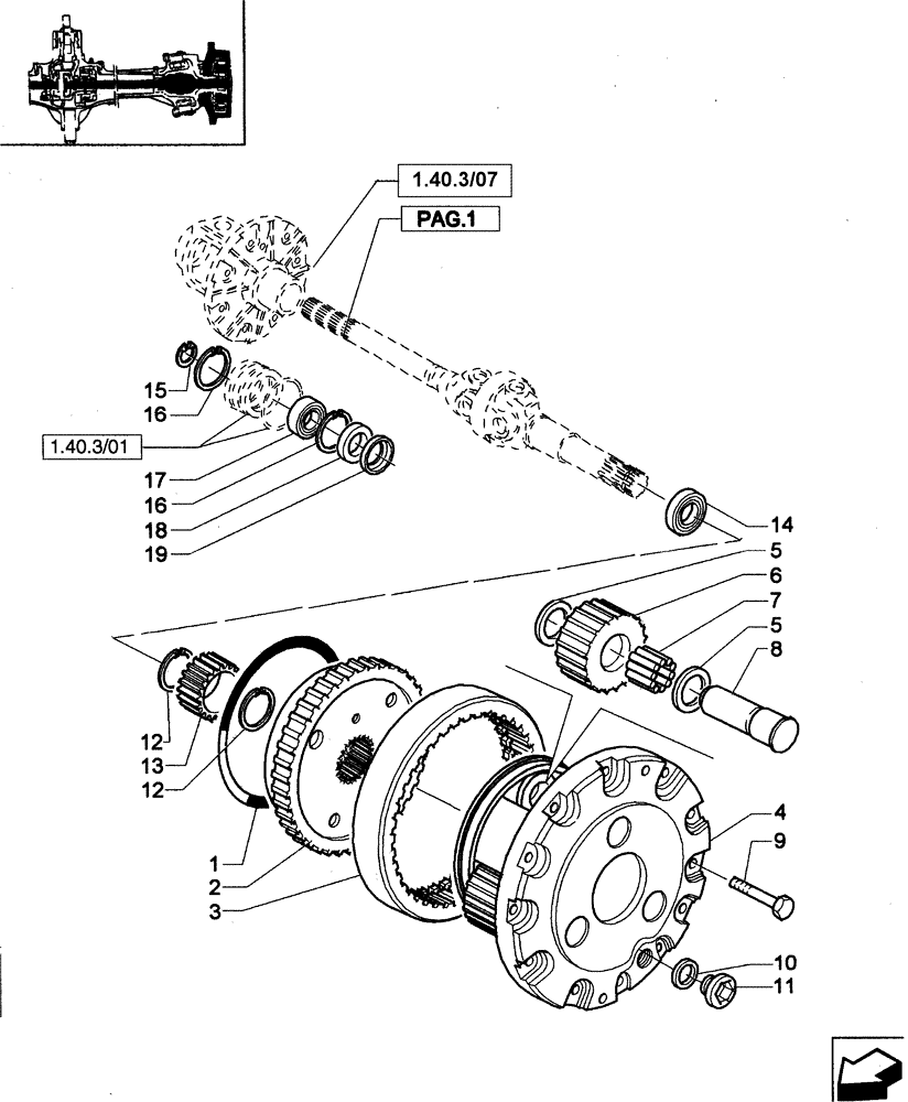 Схема запчастей Case IH JX95 - (1.40.2/10[02]) - VAR - 539, 335539 - FRONT AXLE BOX - EPICYCLIC REDUCTION GEAR (04) - FRONT AXLE & STEERING