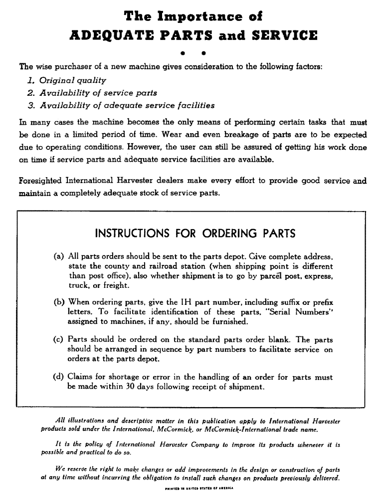 Схема запчастей Case IH 403 - (001) - THE IMPORTANCE OF ADEQUATE PARTS AND SERVICE (00) - GENERAL & PICTORIAL INDEX