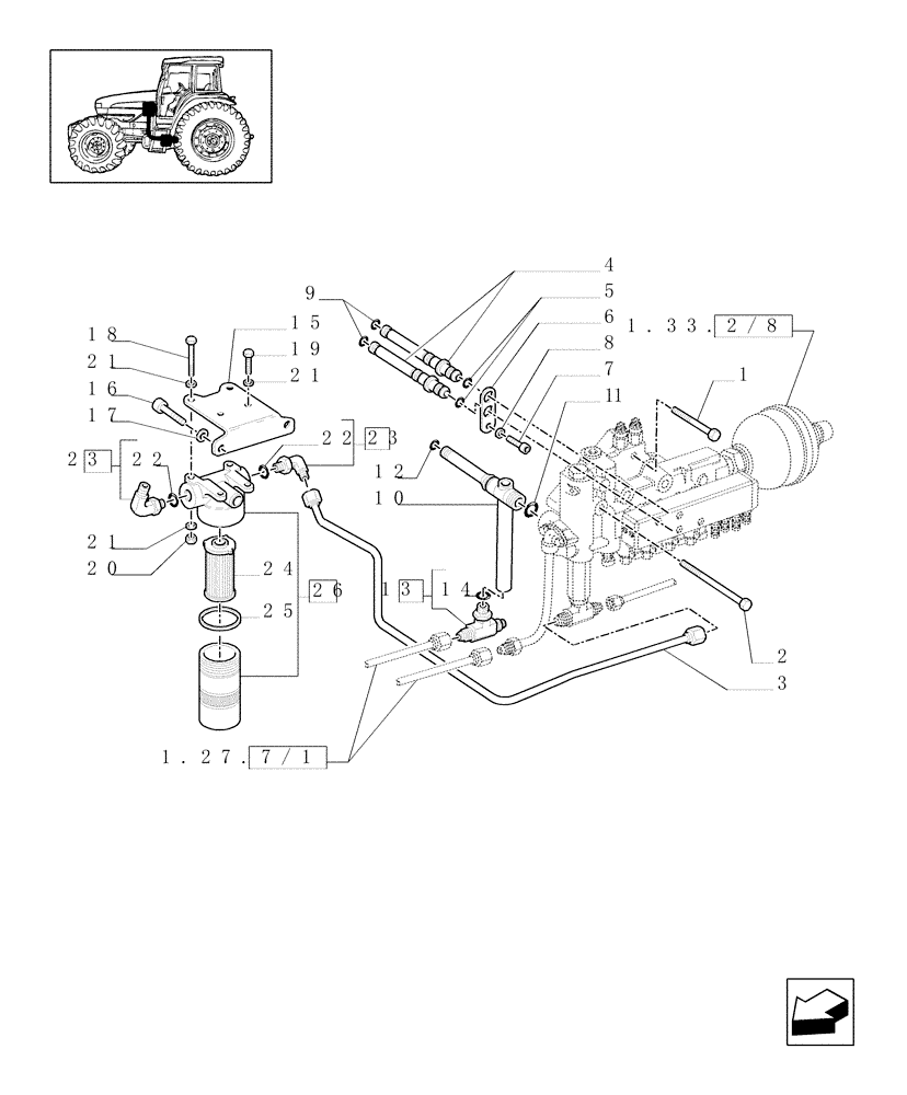 Схема запчастей Case IH JX70U - (1.27.3/01[03]) - (VAR.275-279) POWER SHUTTLE - HI-LO - 30-40 KMH - HYDRAULIC PTO - OIL FILTER & PIPES (03) - TRANSMISSION