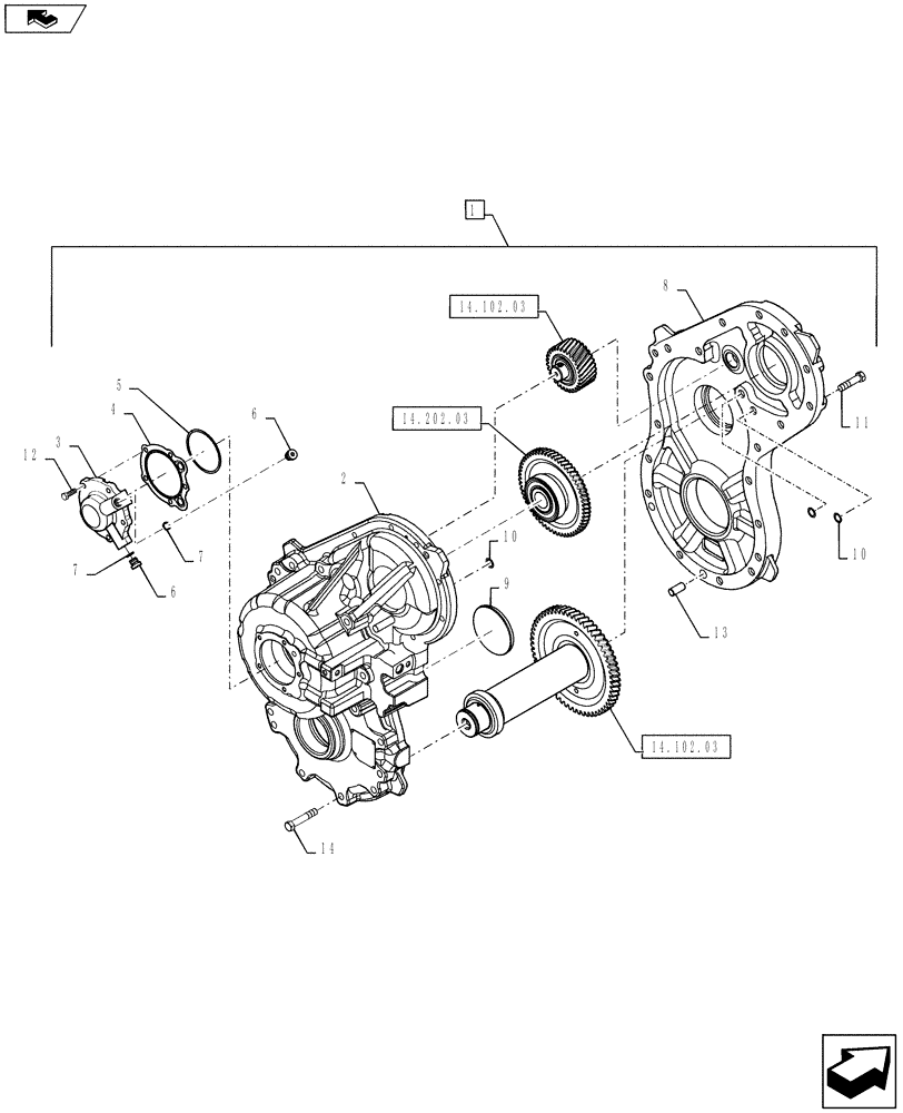 Схема запчастей Case IH STEIGER 600 - (14.102.02[01]) - HYDRAULIC PUMP DRIVE WITHOUT PTO - HOUSING COVERS AND SERVO (14) - MAIN GEARBOX & DRIVE