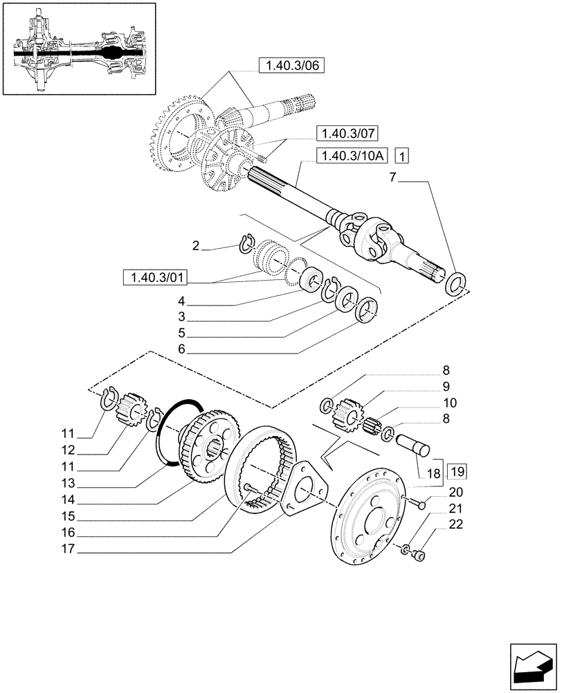 Схема запчастей Case IH MAXXUM 110 - (1.40. 3/10[01B]) - (CL.3) FRONT AXLE WITH DOG CLUTCH AND STEERING SENS. - SHAFT AND EPICYCLIC GEAR TRAIN - D6449 (VAR.330409) (04) - FRONT AXLE & STEERING