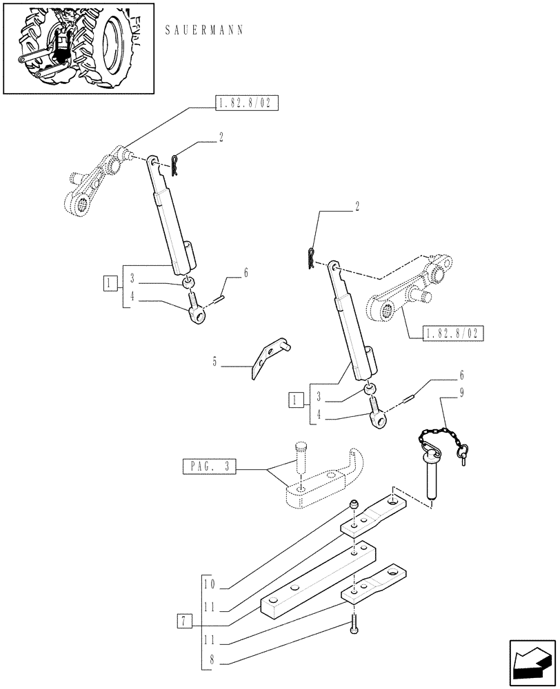 Схема запчастей Case IH JX1085C - (1.89.3/13[04]) - (VAR.929-929/1) PICK UP HITCH AND DRAW BAR (SAUERMANN) - BRACKET, TIE-ROD AND SUPPORT (09) - IMPLEMENT LIFT