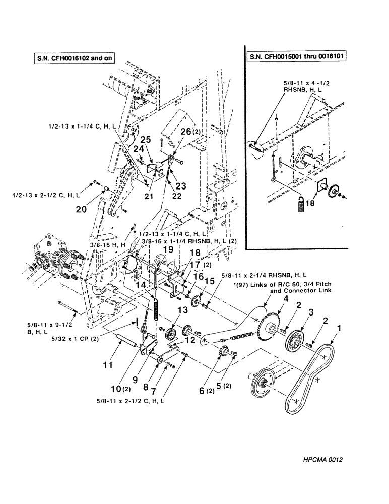 Схема запчастей Case IH 8450 - (062) - DRIVE, PICKUP AND LOWER ROLLER, ASSEMBLY (14) - BALE CHAMBER