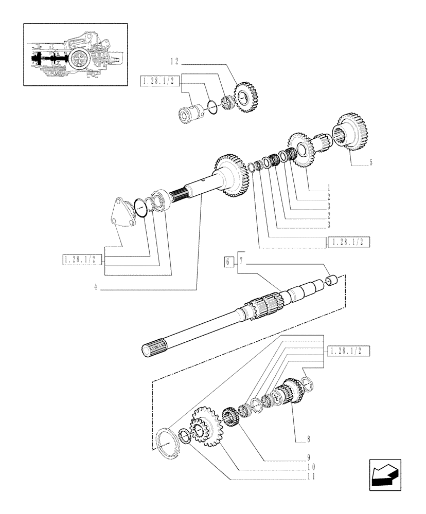 Схема запчастей Case IH JX100U - (1.28.1/03) - (VAR.119/1) SYNCHRONIZED CREEPER AND REVERSER UNIT 200 M/H - SHAFTS AND GEARS (03) - TRANSMISSION