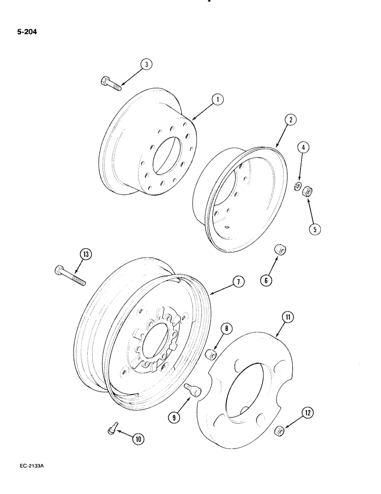 Схема запчастей Case IH 885 - (5-204) - WHEELS AND WHEEL WEIGHTS, FRONT, 2 WHEEL DRIVE (05) - STEERING