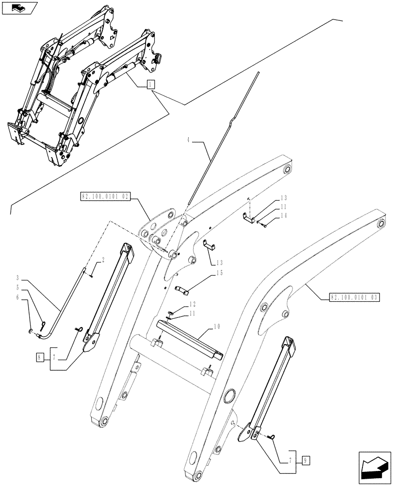 Схема запчастей Case IH FARMALL 75C - (82.100.0101[06]) - FRONT LOADER (SELF LEVELLING) - BREAKDOWN - PARKING LEG AND PIPE PROTECTION - NAR (VAR.334489-339489) (82) - FRONT LOADER & BUCKET