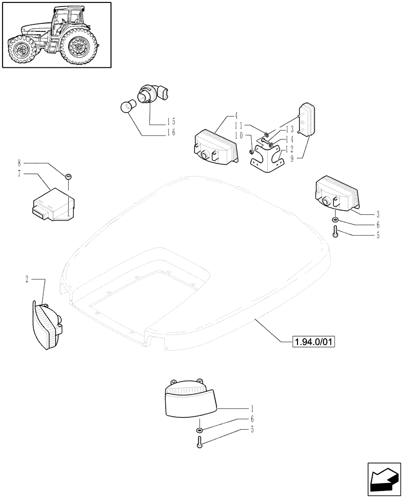 Схема запчастей Case IH MXU110 - (1.91.3/01) - (VAR.007-053) NORTH AMERICA VERSION - WORKLAMPS (10) - OPERATORS PLATFORM/CAB