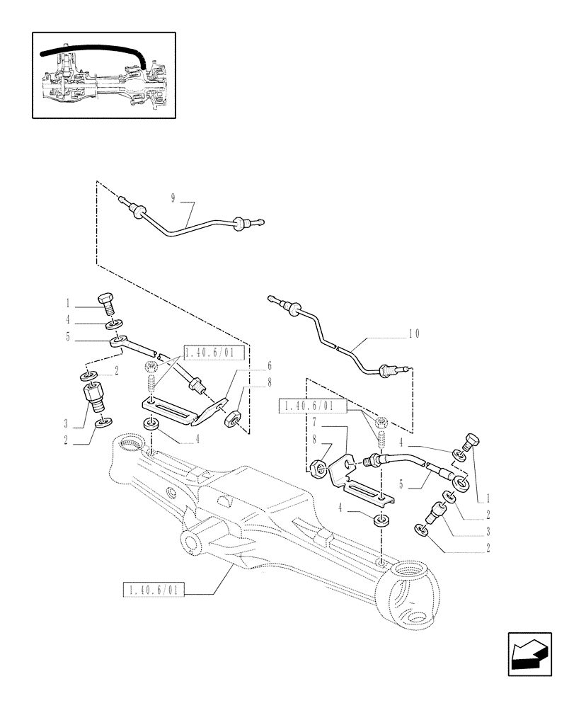 Схема запчастей Case IH JX1085C - (1.40.6/17) - (VAR.030-031) FRONT HPL W/PTO & BRAKES - FRONT AXLE W/BRAKES (40KM/H) - PIPES (04) - FRONT AXLE & STEERING