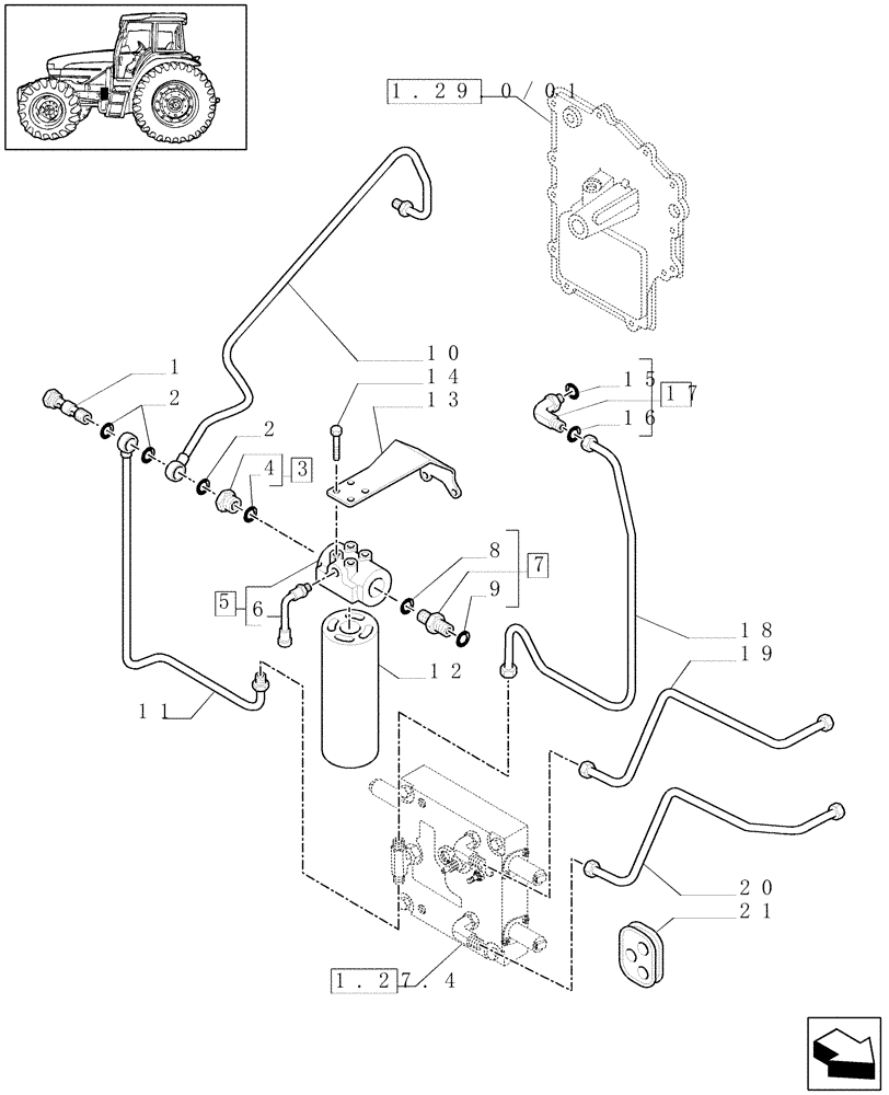 Схема запчастей Case IH MAXXUM 140 - (1.29.6) - TRANSMISSION 24X24 HI-LO - PIPES AND FILTER (STD + VAR.330282) (03) - TRANSMISSION