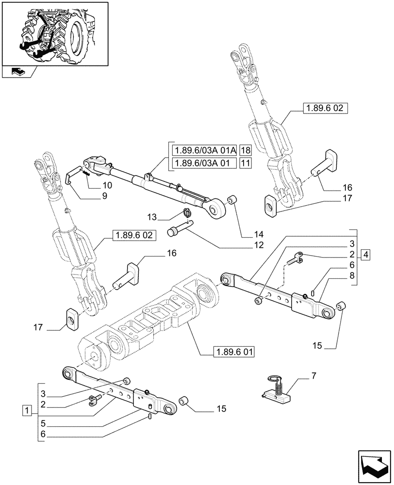 Схема запчастей Case IH MAXXUM 115 - (1.89.6/03) - CAT.2/3 FLEXIBLE LINKS FOR EDC - LIFT ARMS AND TOP LINK (VAR.331920) (09) - IMPLEMENT LIFT