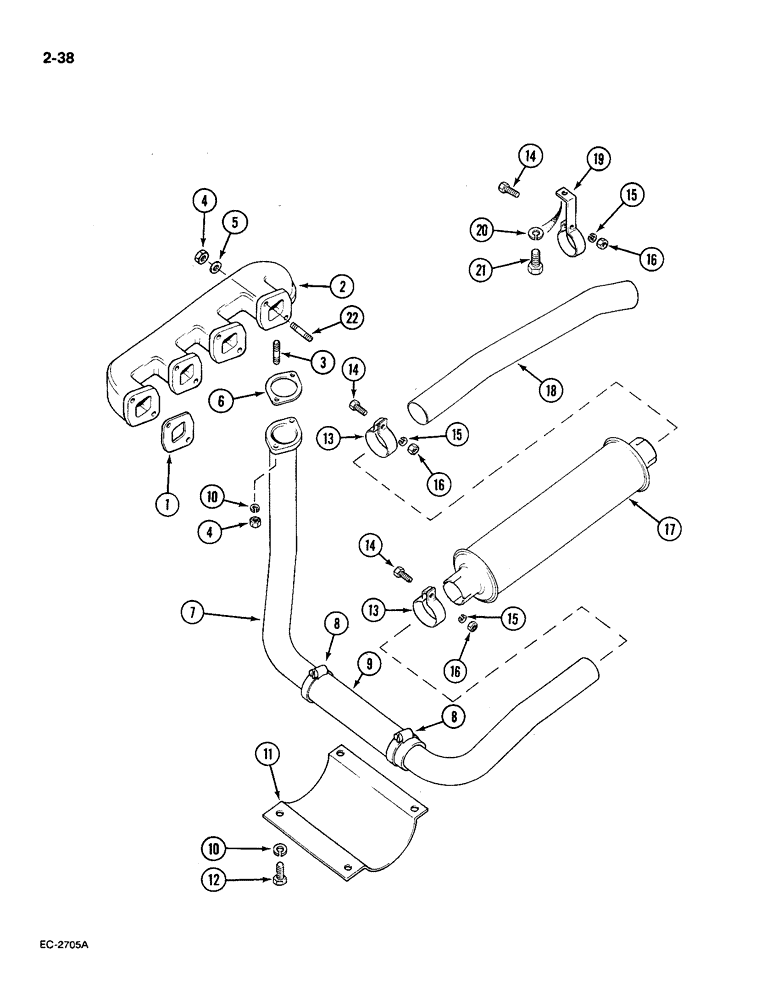 Схема запчастей Case IH 585 - (2-38) - EXHAUST AND MANIFOLD, UNDERSLUNG, PRIOR TO P.I.N. 18001 (02) - ENGINE