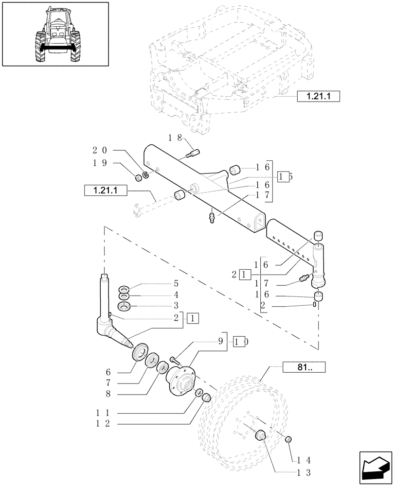 Схема запчастей Case IH JX1100U - (1.41.0[01]) - FRONT AXLE 2WD - HUBS (04) - FRONT AXLE & STEERING